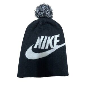 Nike Kids Black Winter Beanie with Mabled Pom Pom and Large Swoosh brand ski